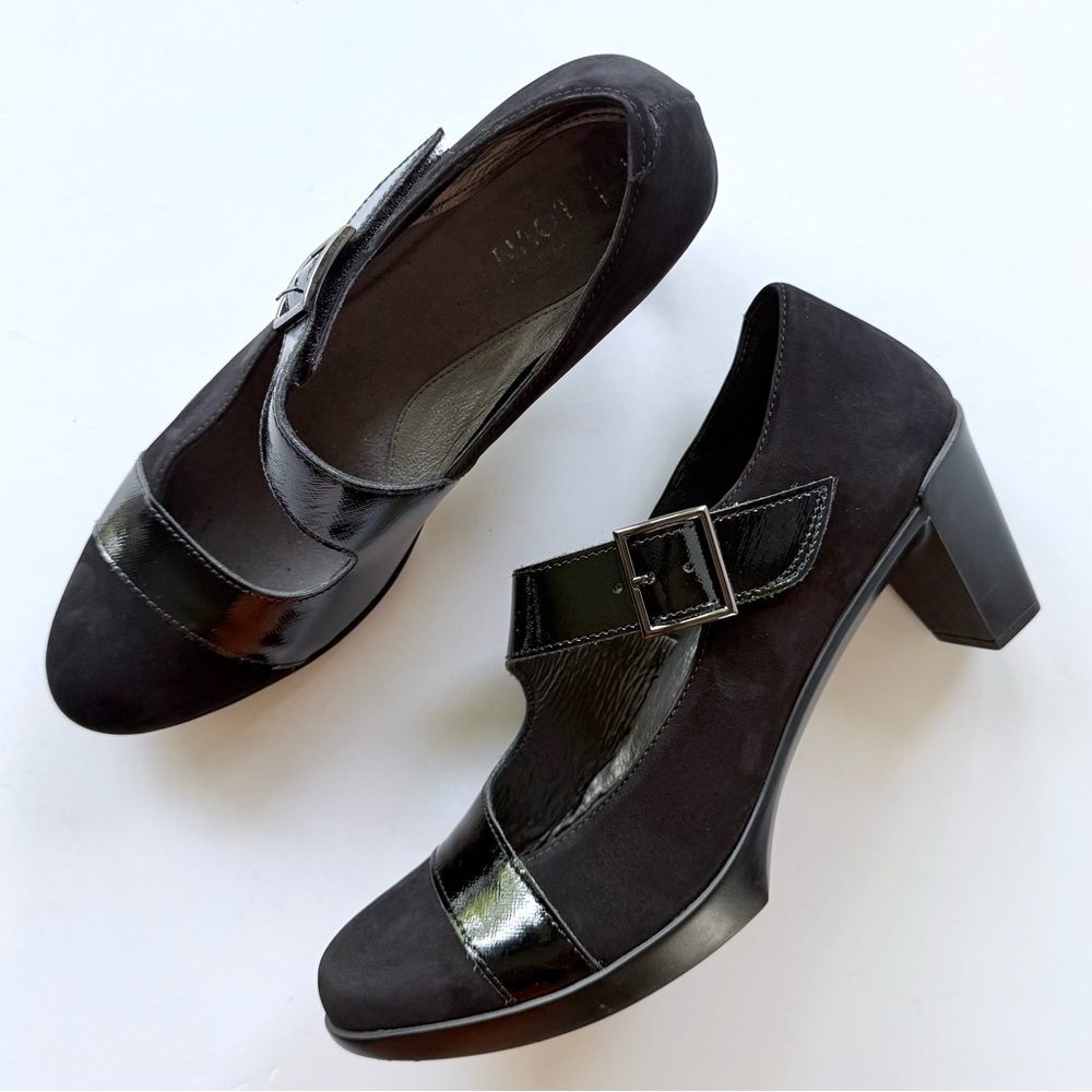 Naot Brava Mary Jane Heels Pump Black Nubuck Suede and Patent Leather 38.5
